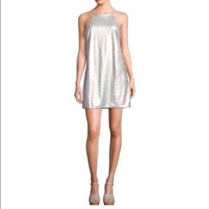 H Halston Racerback Platinum Lamé Halterneck Metallic Silver Mini Dress